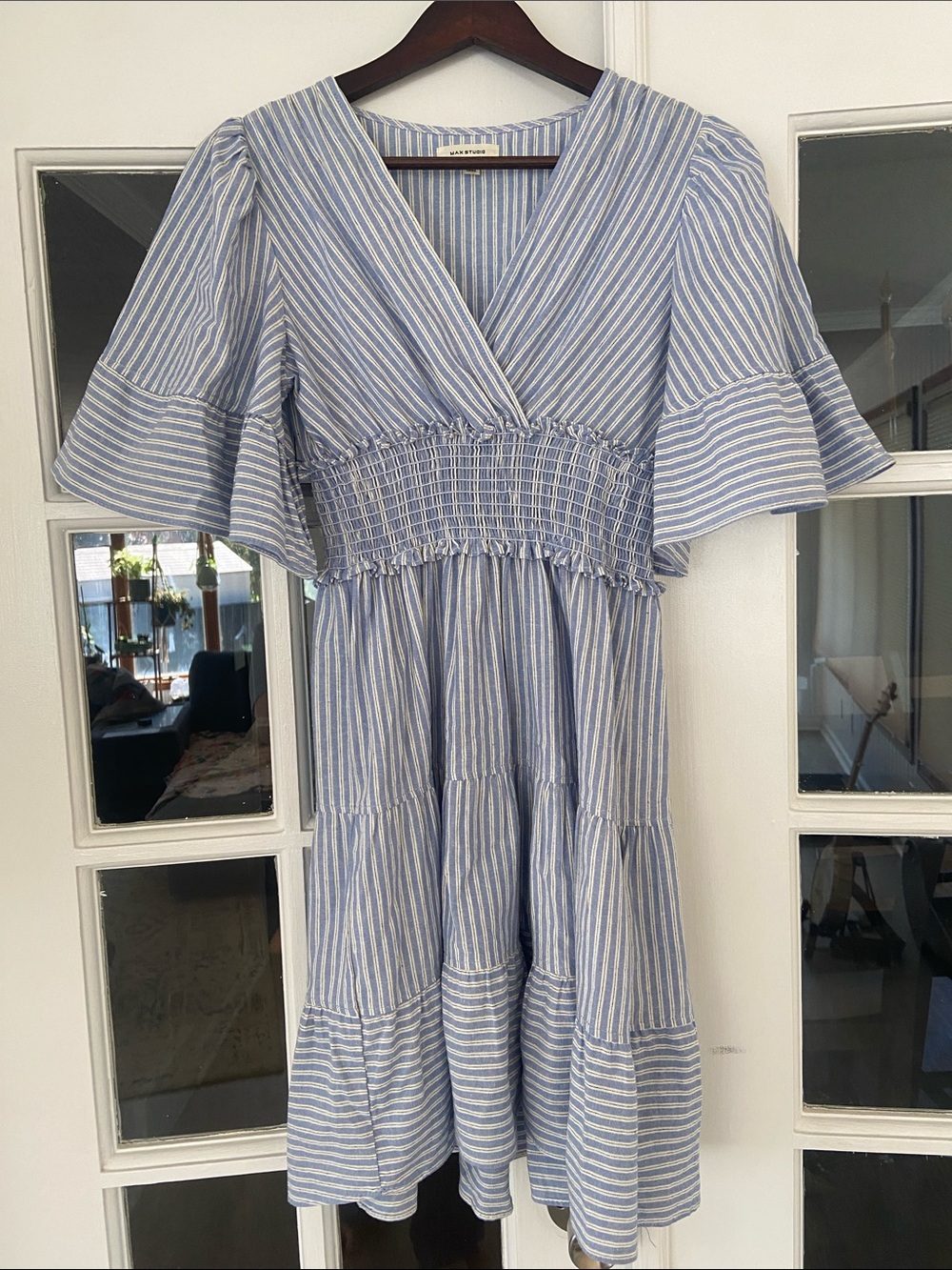 Max Studio Blue and White Striped Smocked Waist Mini Cottagecore Dress